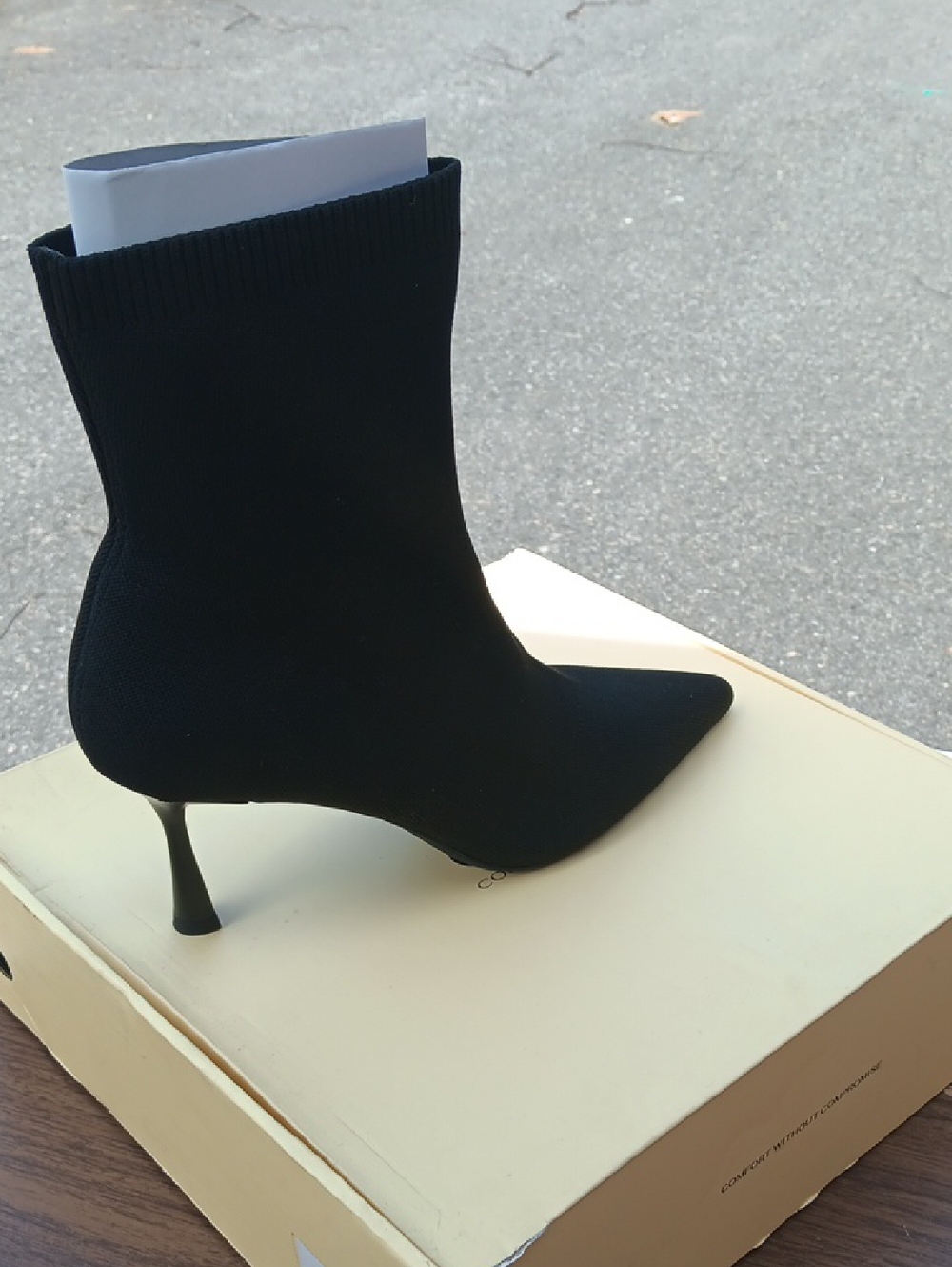 Black Stretch-Knit Pointed Sock Bootie with Kitten Heel